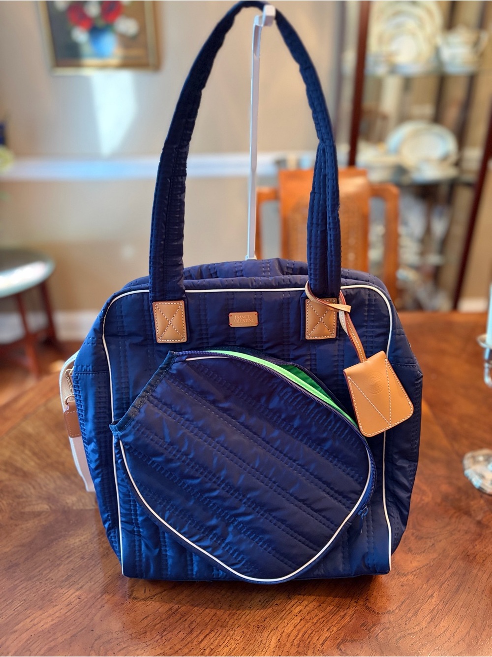Frances Valentine Quilted Navy & Green Pickleball Tote with Tan Trim NWOT